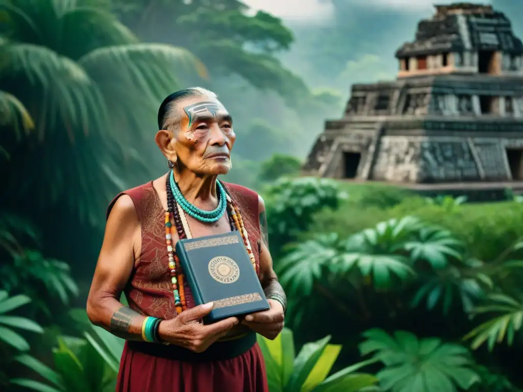 Fotografía de un anciano maya con tatuajes faciales, ropa tradicional y un libro en la selva, simbolizando la preservación de la cultura maya