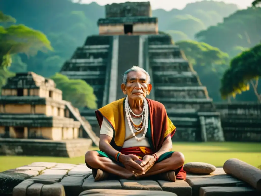 Legado Maya: Sabiduría y tejidos en ruinas ancestrales Un anciano maya tejiendo un textil colorido frente a ruinas de un templo maya, enseñando a niños la importancia de la cultura maya