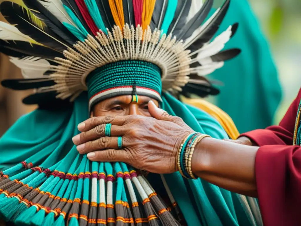 Un anciano maya tejiendo un tocado ceremonial, resaltando la meticulosa artesanía y la rica cultura de las festividades del calendario maya