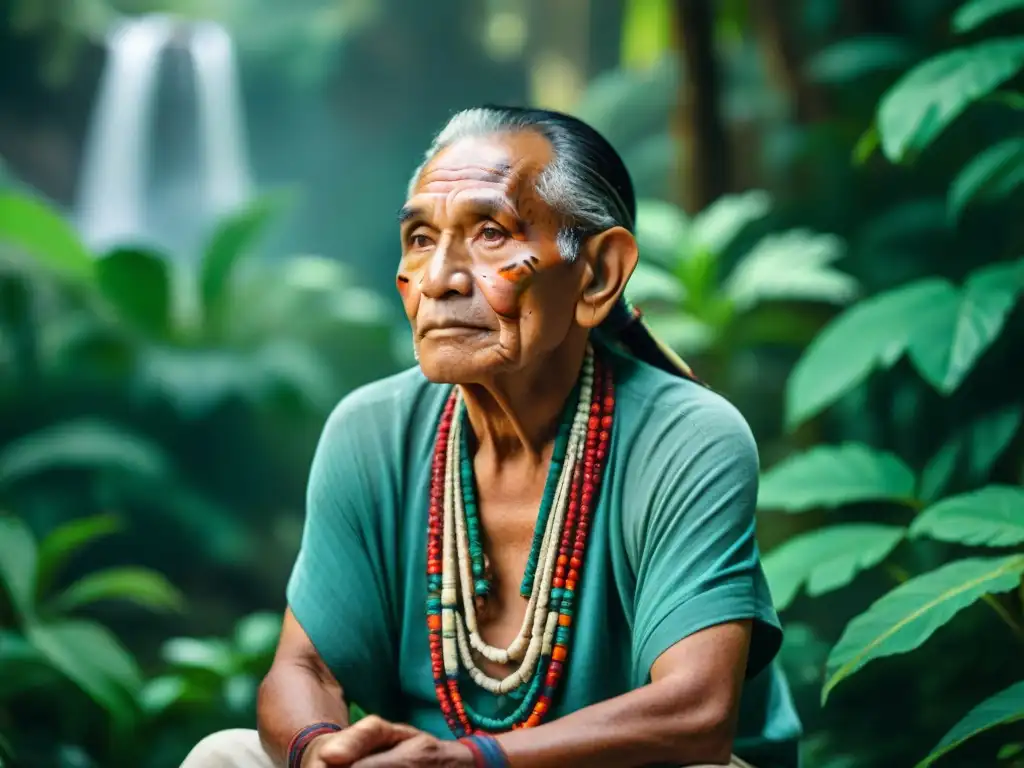 Un anciano maya tradicional, sabio y sereno, rodeado de naturaleza exuberante, en armonía con su entorno