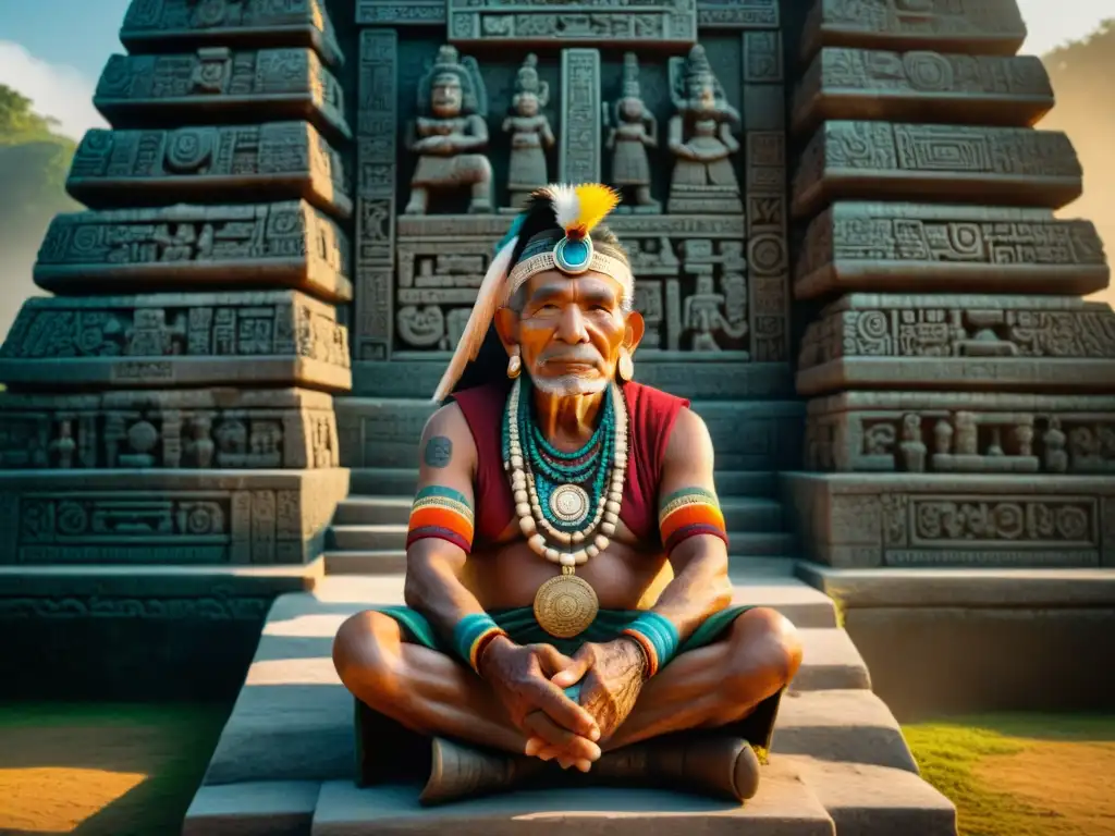 Un anciano maya tradicional sentado frente a un monumento de piedra tallado, iluminado por el sol poniente