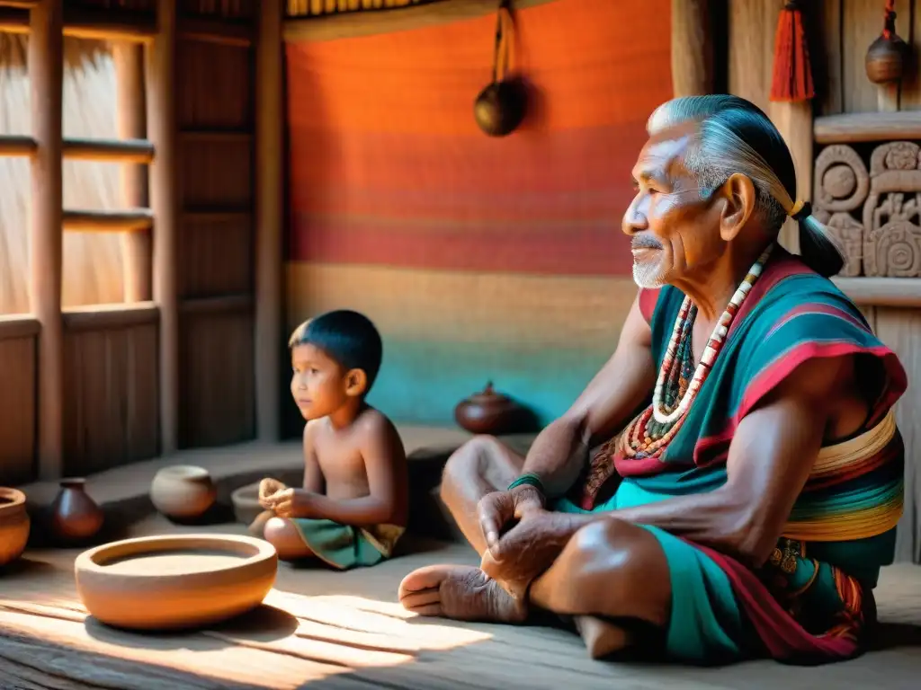 Guardián de tradiciones: anciano maya comparte sabiduría con niños Un anciano maya comparte tradiciones con niños en casa de arte maya