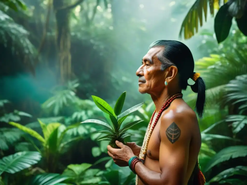 Un anciano sabio de la comunidad maya seleccionando plantas medicinales en la exuberante selva