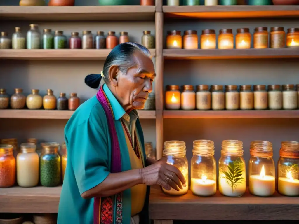 Un anciano sanador maya prepara una medicina tradicional con hierbas