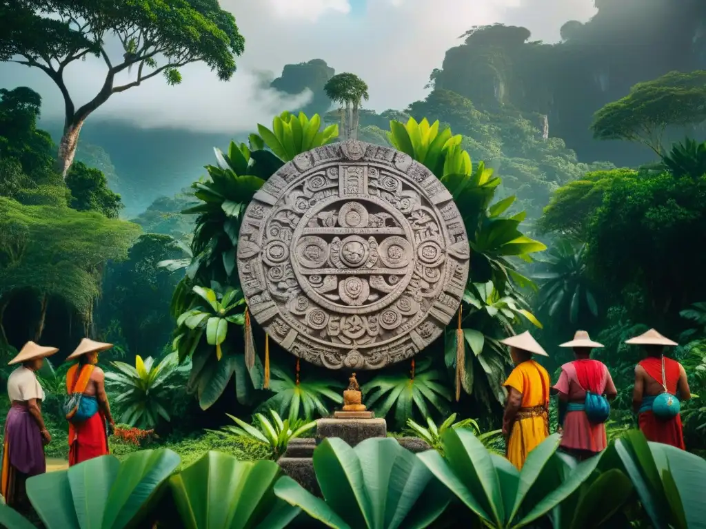 Ancianos mayas junto al calendario de piedra, bajo un ceiba, evocando el significado Baktun en cosmovisión maya