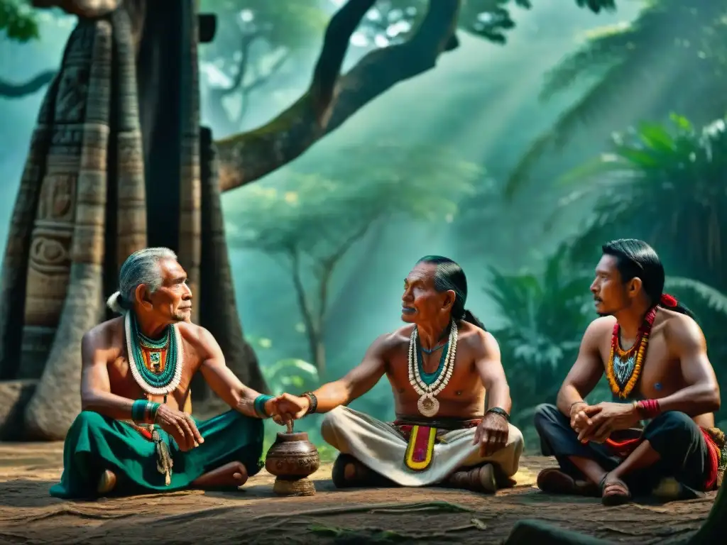 Consejo sabio de ancianos mayas bajo ceiba majestuosa Ancianos mayas comparten sabiduría bajo ceiba gigante en selva exuberante, reflejando vitalidad de las lenguas mayas