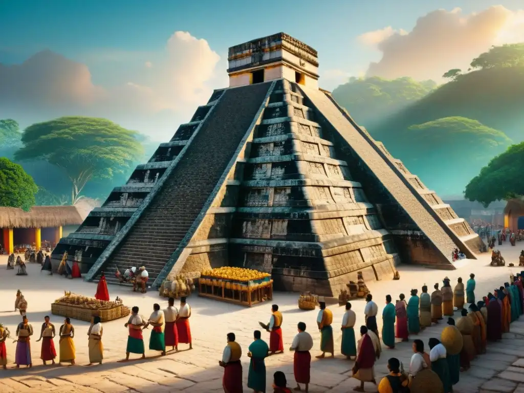 Una animada escena en una ciudad estado Maya, con comerciantes mesoamericanos intercambiando bienes frente a edificios de piedra esculpidos