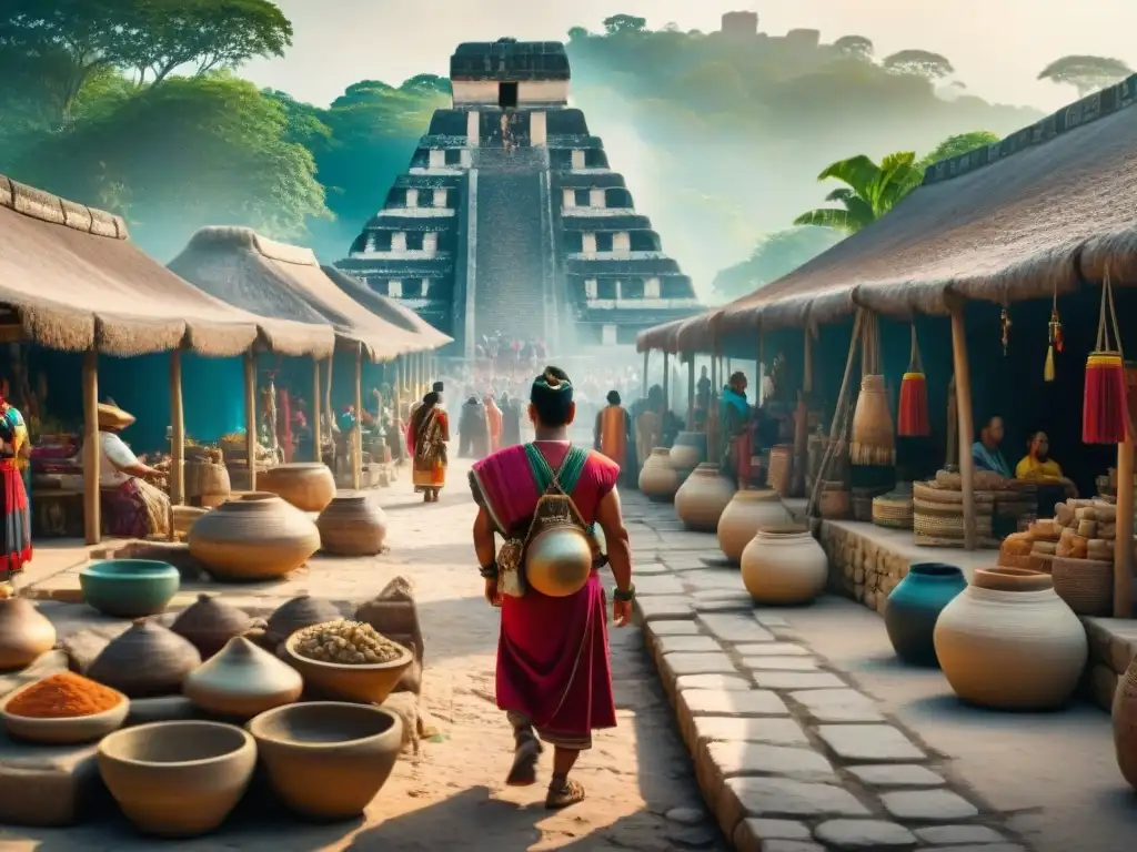 Una animada escena de mercado maya con comerciantes vendiendo textiles y cerámica