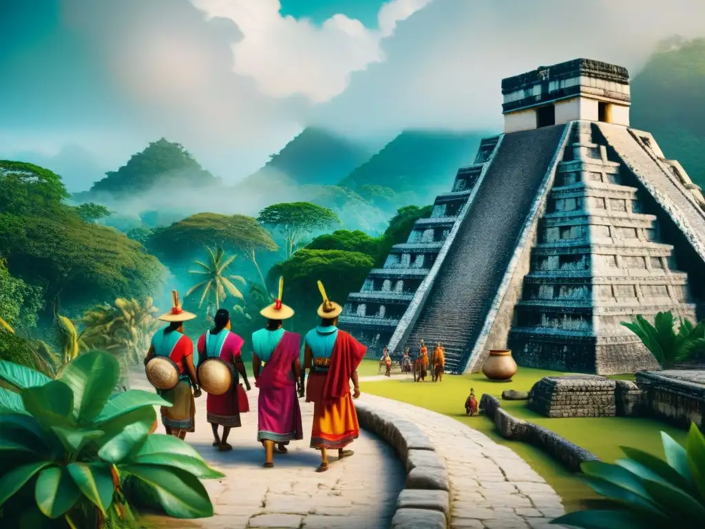 Una animada escena de la ruta comercial terrestre de la civilización maya, con un bullicioso mercado y comerciantes intercambiando bienes como cacao, jade, obsidiana y textiles, rodeados de exuberante vegetación tropical y altas pirámides