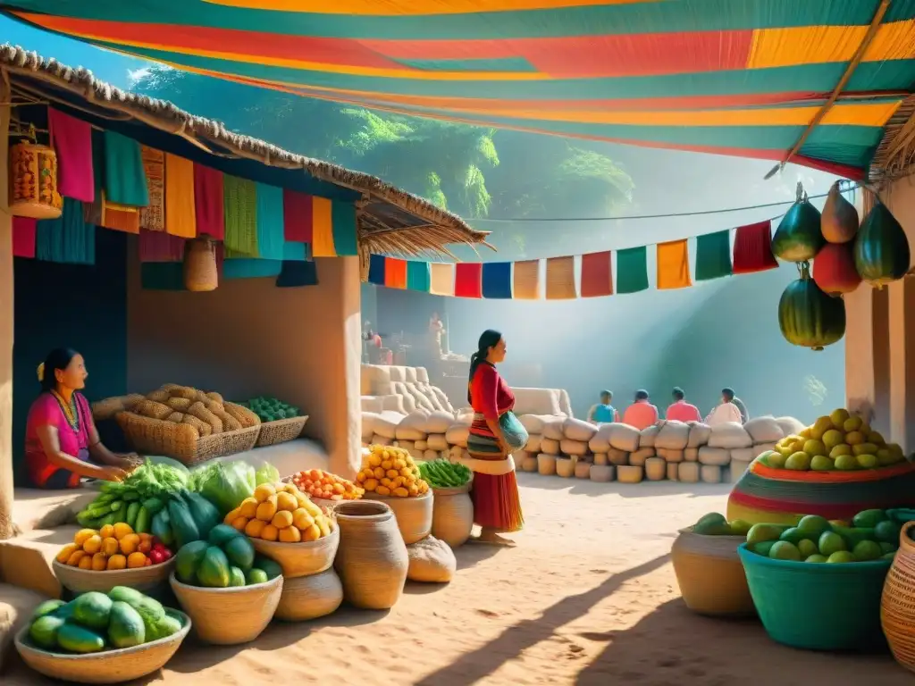 Animada escena de la vida cotidiana maya en Sayil: mercadillo bullicioso, colores vibrantes y tejidos tradicionales