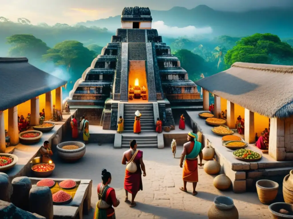 Animado comercio en la civilización maya: mercado bullicioso, intercambio cultural y económico vibrante