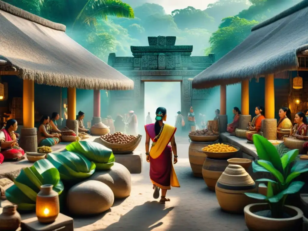 Animado comercio en la civilización maya: mercado bullicioso con templos y bienes exóticos entre la exuberante selva