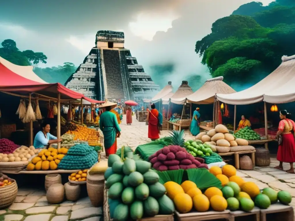 Animado mercado maya en una ciudad antigua con comerciantes bajo toldos coloridos