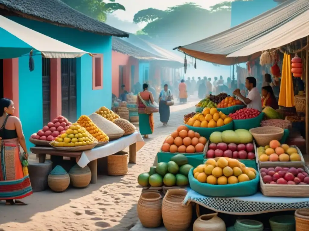 Animado mercado maya con frutas, textiles y cerámica, clientes regateando entre edificios y murales