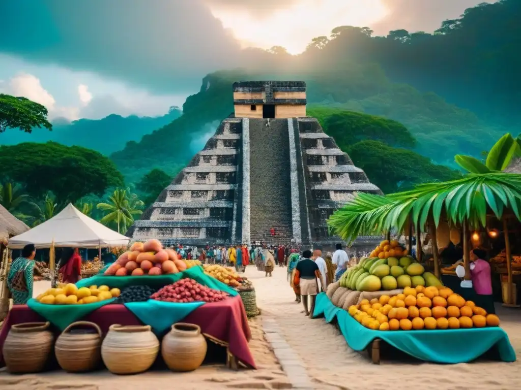 Mercado maya: escena detallada de comercio y color Animado mercado maya con intercambio cultural en rutas comerciales, textiles coloridos y frutas exóticas
