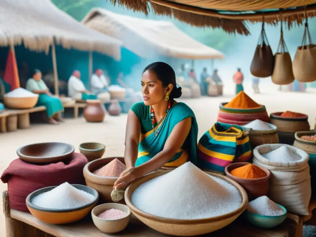 Animado mercado maya con mujeres negociando sal en la dieta Maya