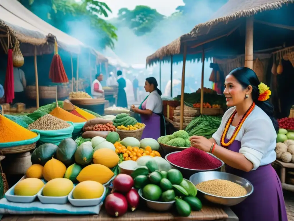 Animado mercado maya con sabores ancestrales: coloridas frutas, verduras y especias, mujeres ataviadas en conversaciones vivas