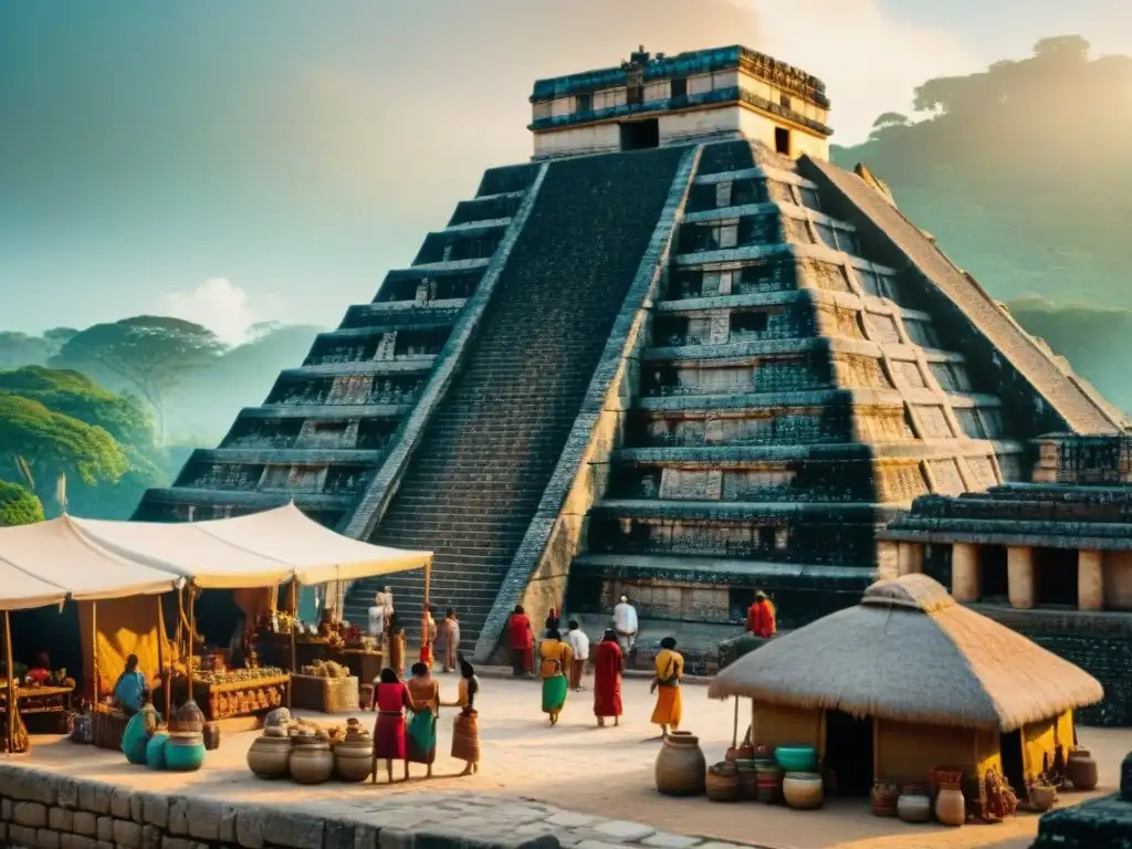 Un animado mercado tradicional maya entre ruinas antiguas, simbolizando la educación en la civilización maya