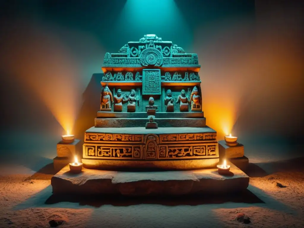 Una antigua altar maya ritual con detalles sangrientos y ofrendas a los dioses en una cámara iluminada por antorchas