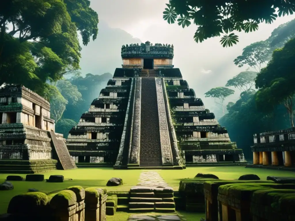 Antigua arquitectura maya revelando secretos en templo bien conservado, ocultos entre la selva