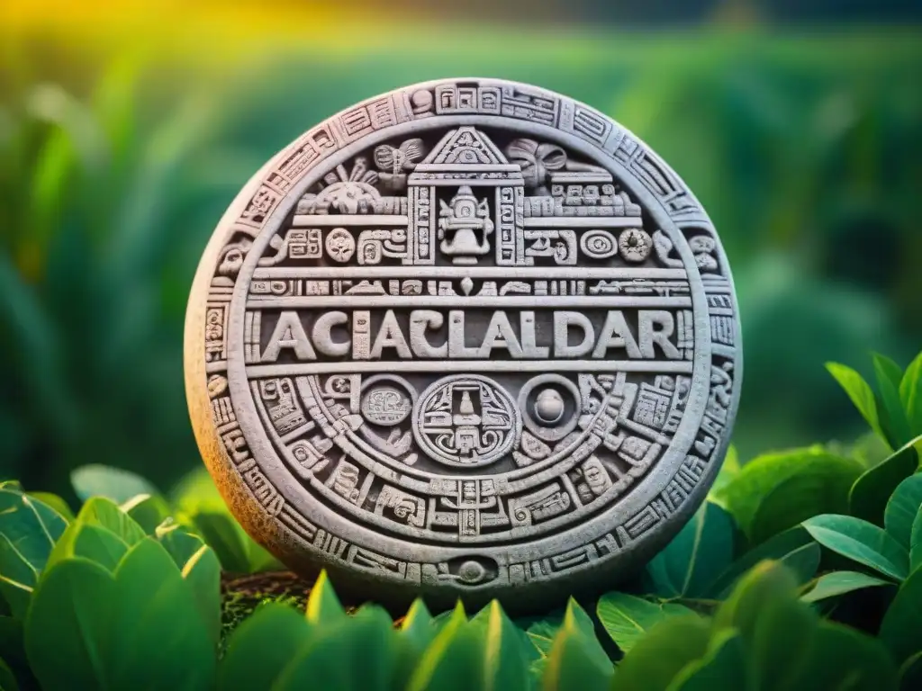 Calendario agrícola Maya: detalle celestial y terrenal Antigua piedra calendario maya con detalles celestes y actividades agrícolas