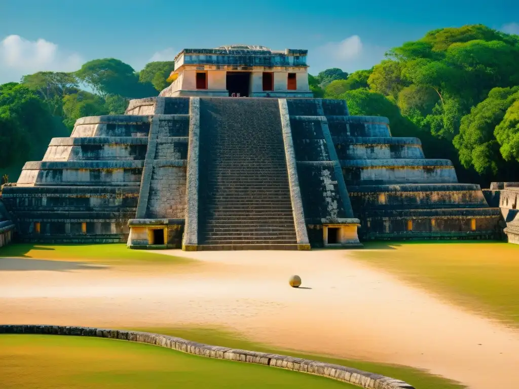 Antigua cancha de juego de pelota maya en Chichén Itzá, con detalles tallados y arquitectura imponente