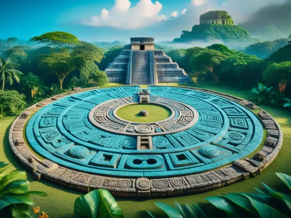 Antigua cancha de juegos de tablero civilización maya con aros de piedra y espectadores, rodeada de vegetación exuberante bajo cielo azul claro