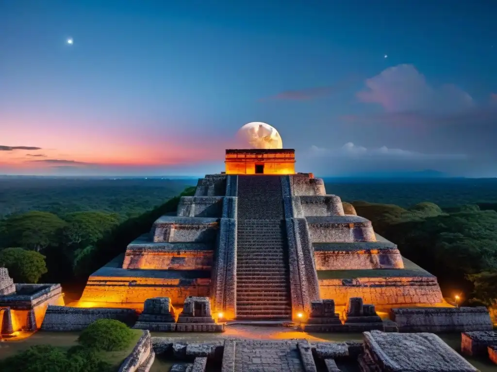 Antigua ciudad maya bajo eclipse lunar, destacando carvings en piedras mientras figuras observan