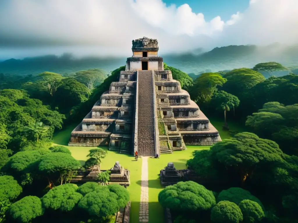 Antigua ciudad maya invadida por la selva, reflejando impacto de eventos climáticos extremos en la historia maya