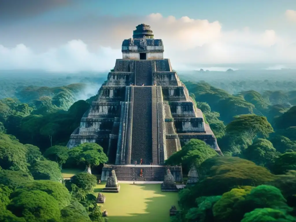 Reconstrucción 3D de la antigua ciudad maya de Tikal con pirámides, esculturas de piedra y exuberante selva