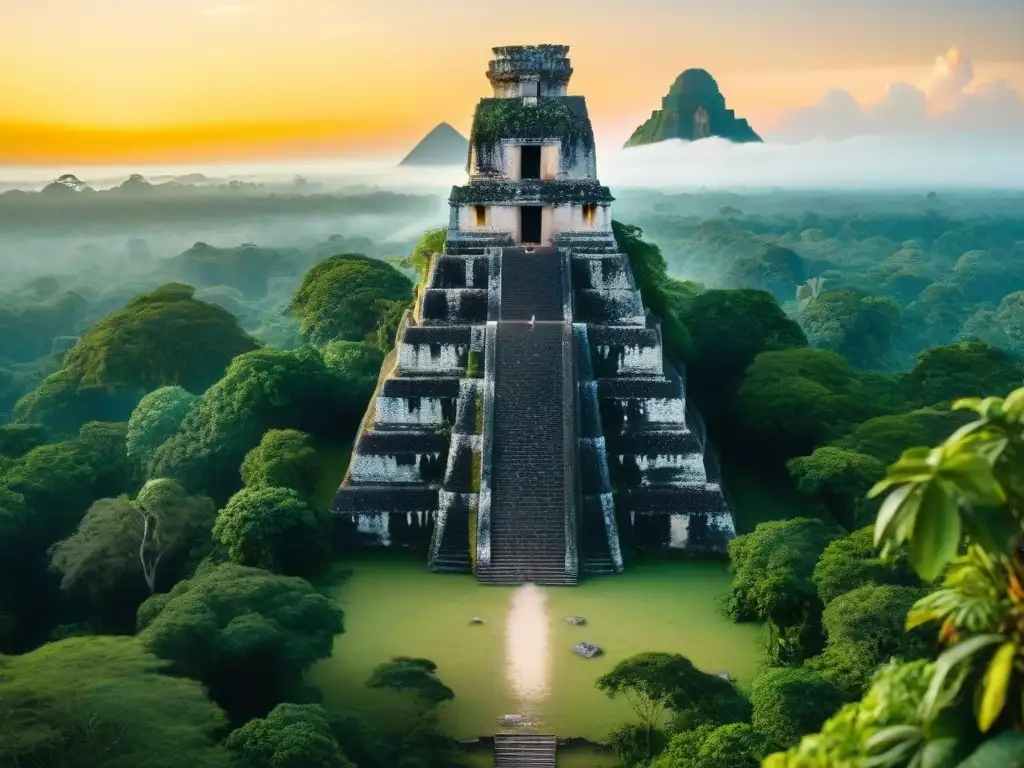 Antigua ciudad maya de Tikal con pirámides y selva exuberante al atardecer