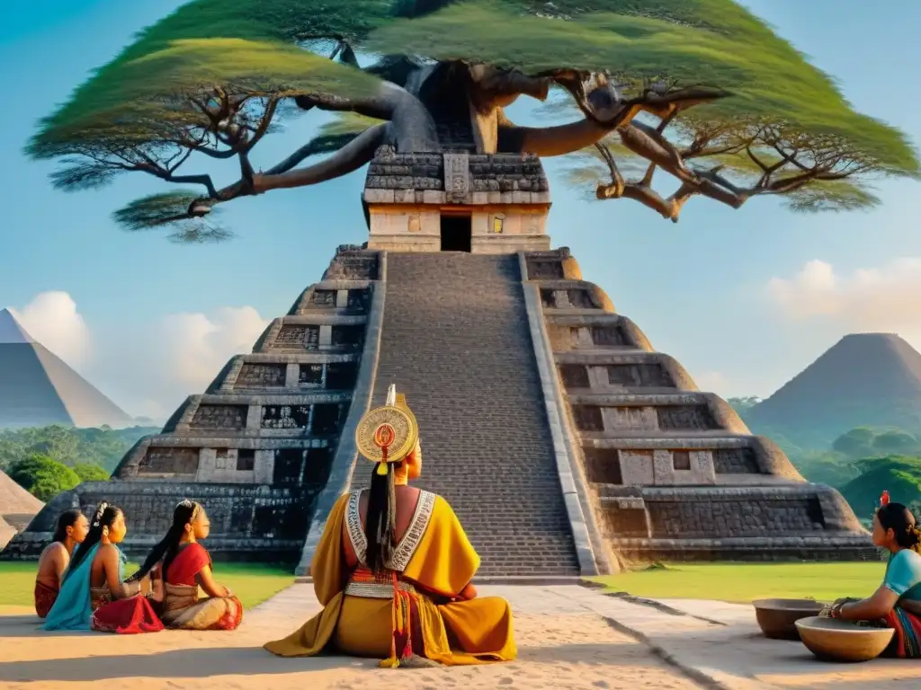 Antigua transmisión de conocimientos mayas ancestral bajo ceiba sagrada y pirámides al atardecer en mercado vibrante