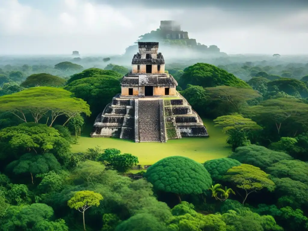 Antigua estrategia maya: templo rodeado de selva exuberante y ruinas mayas, con raíces de ceiba