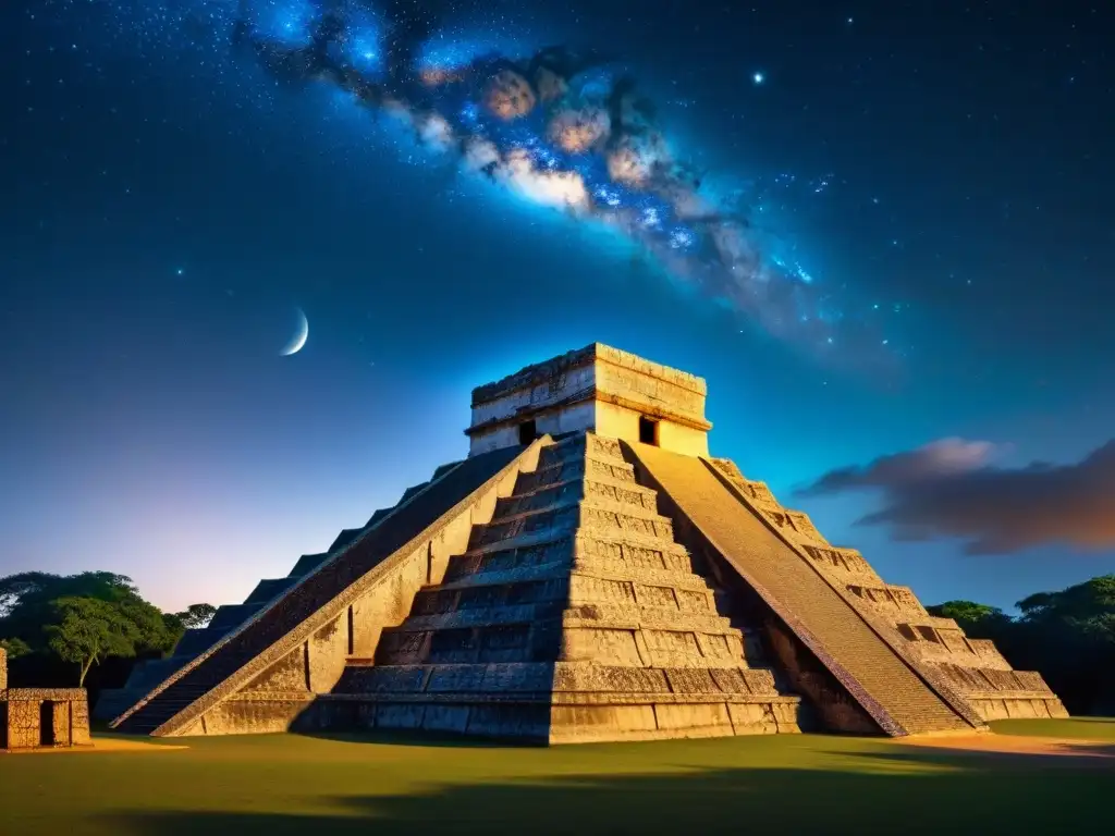 Una antigua estructura de observatorio maya detalladamente tallada, en una noche estrellada, iluminada por la luna