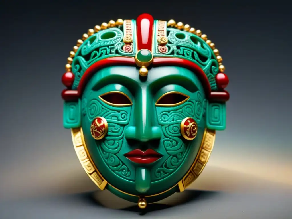 Antigua máscara maya de jade con detalles en oro, reflejando el arte maya en subastas