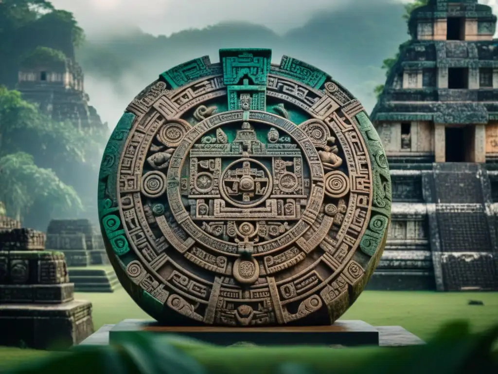 Una antigua piedra del calendario maya, detallada y enigmática, entre ruinas en la niebla