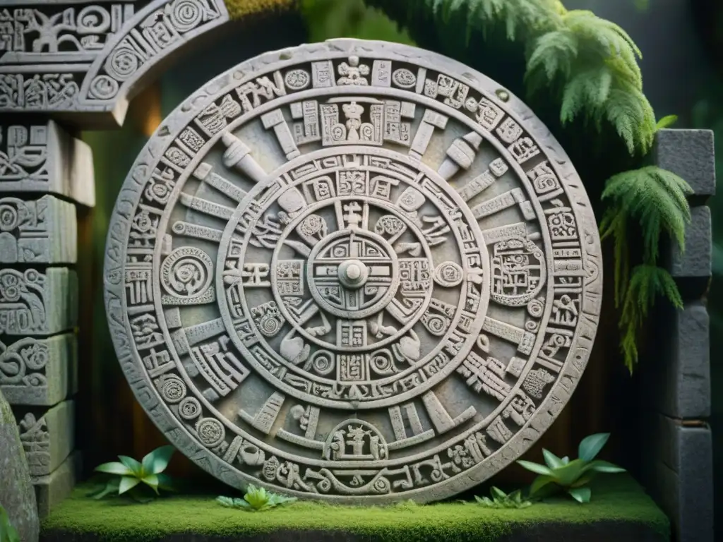 Antigua Rueda Calendárica Maya con glifos escritura tiempo cultura maya entre musgo, en misterioso bosque iluminado