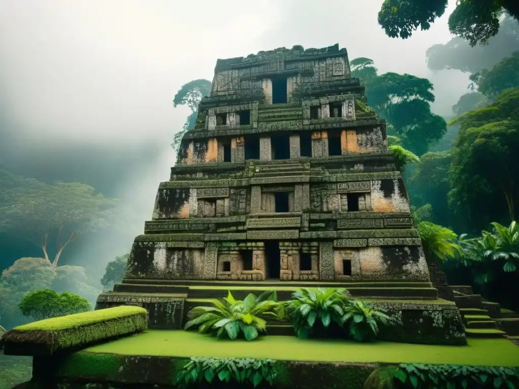 Una antigua talla de piedra con jeroglíficos mayas en Yaxchilán, entre la exuberante selva