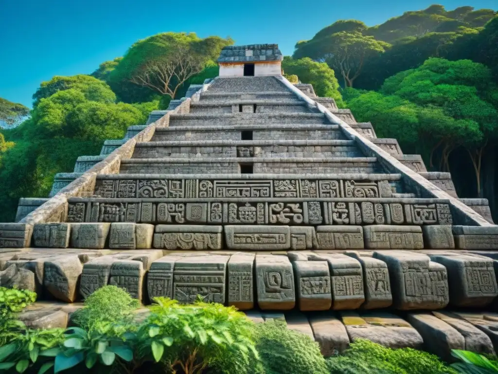 Antiguas calzadas mayas con tallados y vegetación exuberante, bajo cielo azul