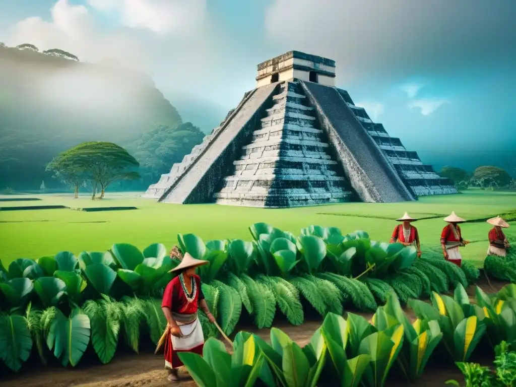 Antiguas estrategias mayas contra entorno: agricultores mayas trabajando en campo rodeados de pirámides y tallados de piedra