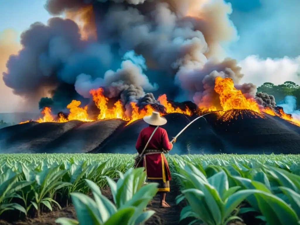 Antiguas prácticas de manejo del fuego en agricultura maya mientras agricultores realizan quema controlada en campo exuberante