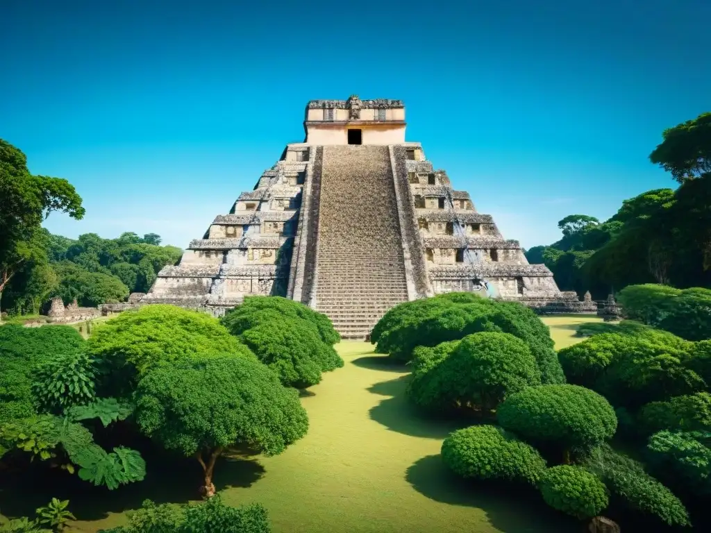 Las antiguas ruinas de una ciudad maya, con una imponente pirámide adornada y la exuberante vegetación, evocan las Teorías sobre el Colapso Maya