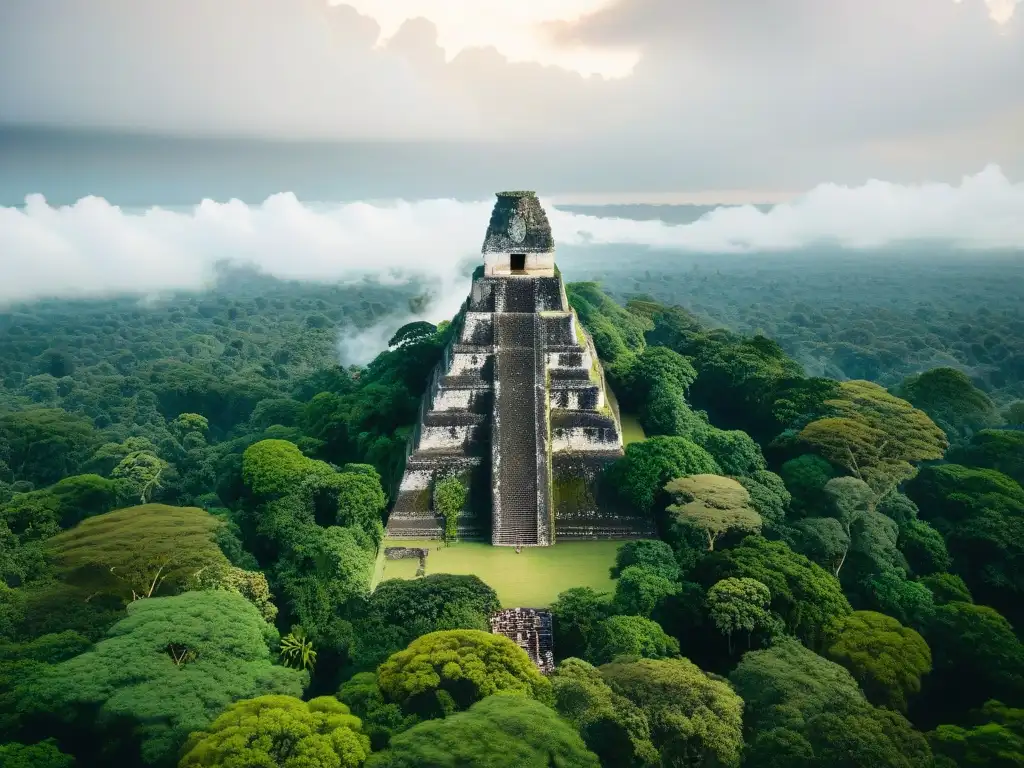 Antiguas ruinas mayas emergen entre la exuberante selva verde en Tikal, fuente arqueológica de orígenes mayas