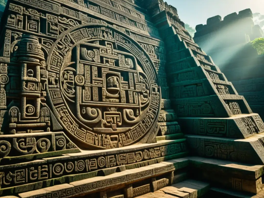 Antiguas ruinas mayas con intrincados símbolos matemáticos y geométricos, resaltando su avanzado conocimiento en matemática y geometría