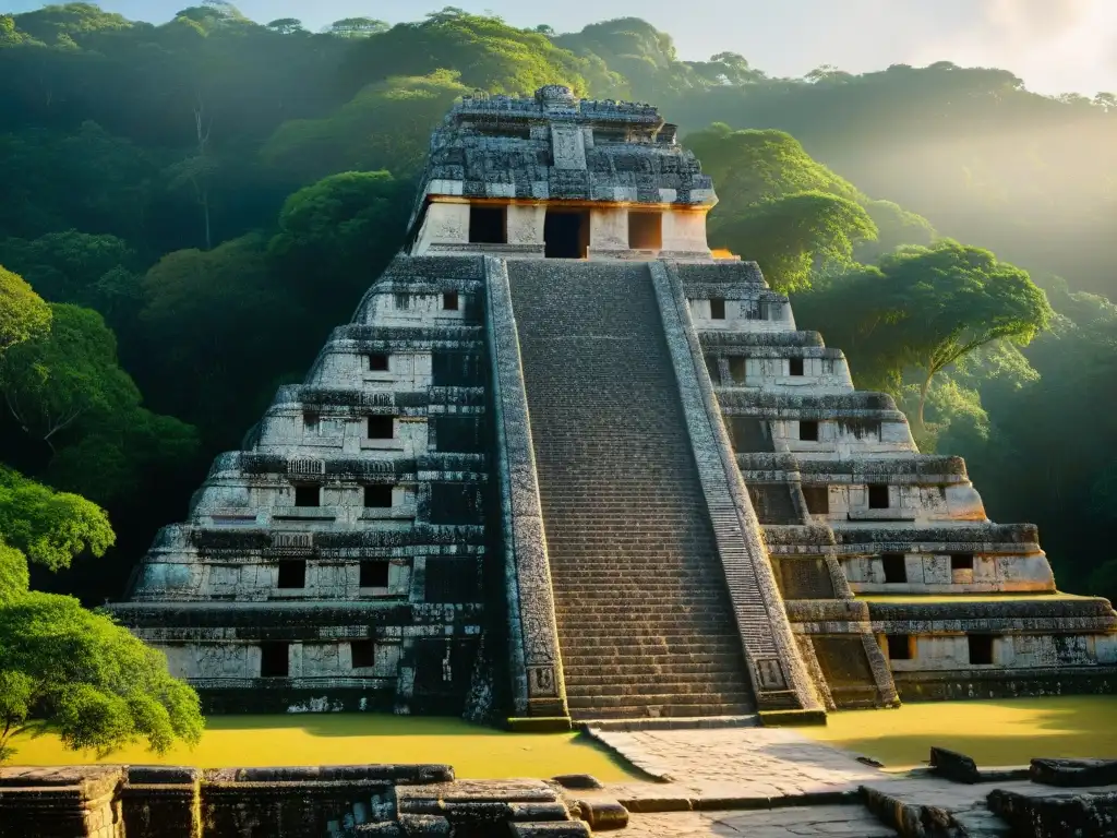 Antiguas ruinas de un templo maya bañadas por la luz dorada del atardecer, revelando misterios ciudades mayas perdidas