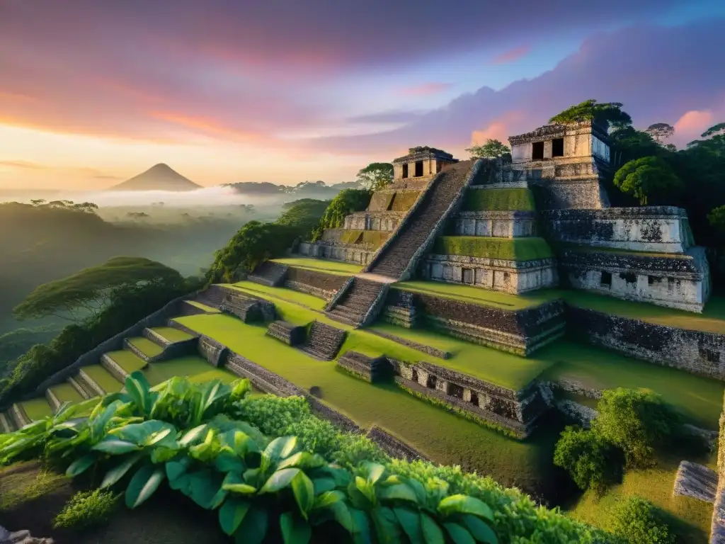 Antiguas terrazas mayas erosionadas por la caída de la economía, cubiertas de vegetación exuberante al atardecer vibrante