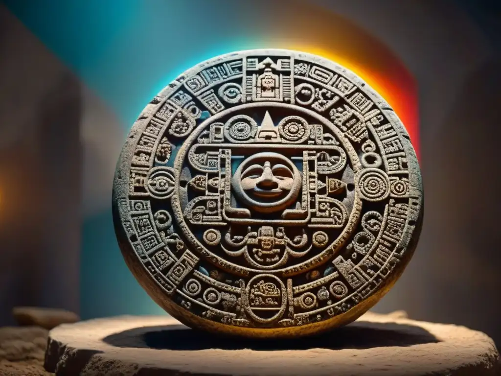 Un antiguo calendario astronómico maya tallado con símbolos celestiales y eventos astronómicos