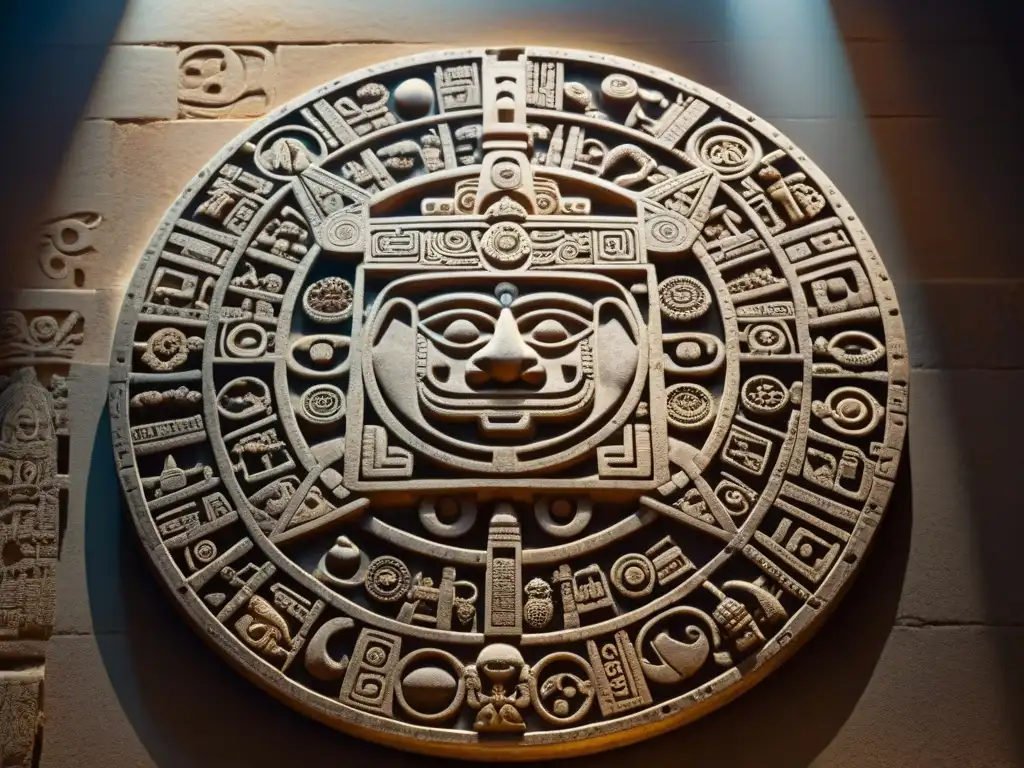 Antiguo calendario astronómico maya tallado en piedra, simbolizando la conexión entre el cosmos y la Tierra