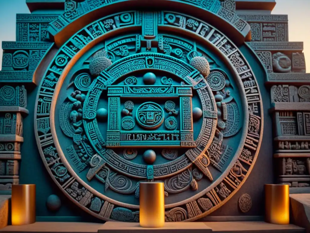 Antiguo calendario maya astronómico tallado en piedra, iluminado por un rayo de luz solar