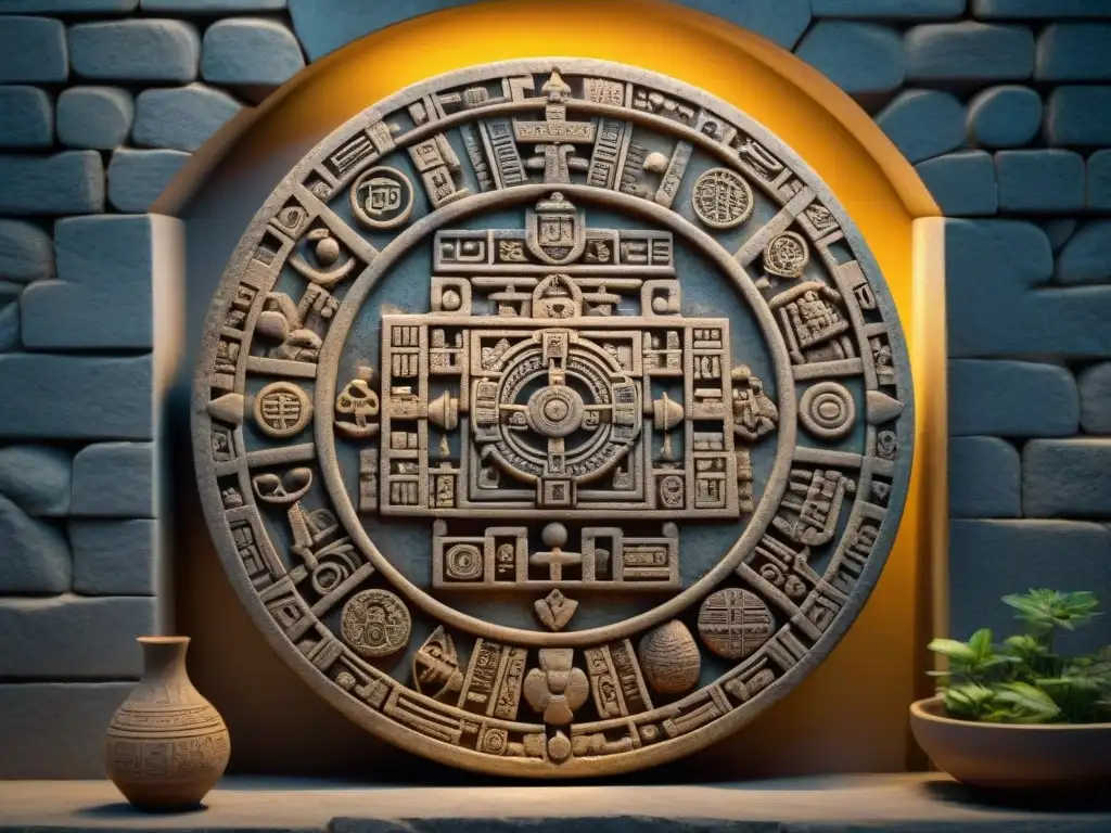 Antiguo calendario maya esculpido con precisión, mostrando la planificación urbana y matemáticas mayas